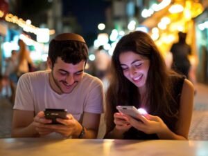 Two friends in the shuk on their phones